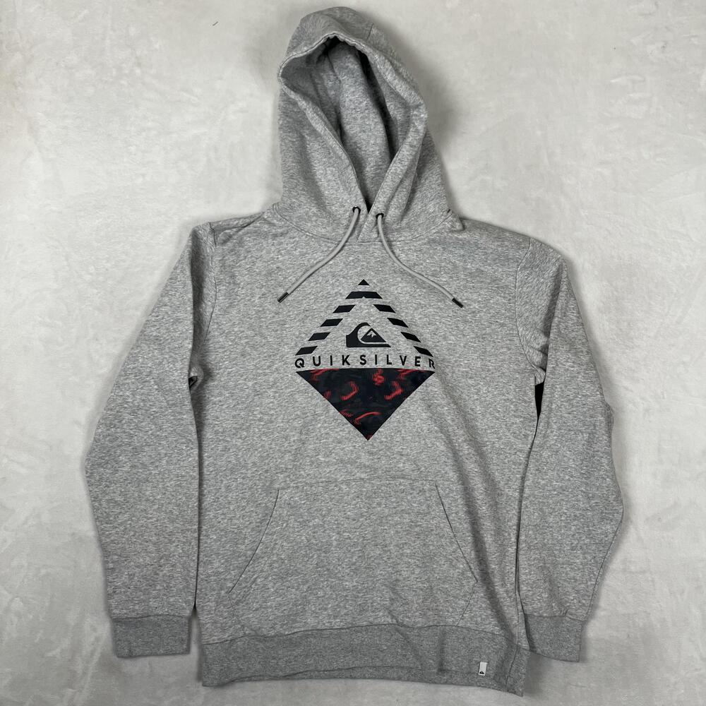Quiksilver Hoodie Mens Large Gray Pullover Sweatshirt Graphic Surf Logo Y2K